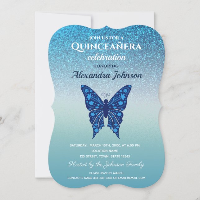 Glitter Blue Quinceanera Invitation (Front)
