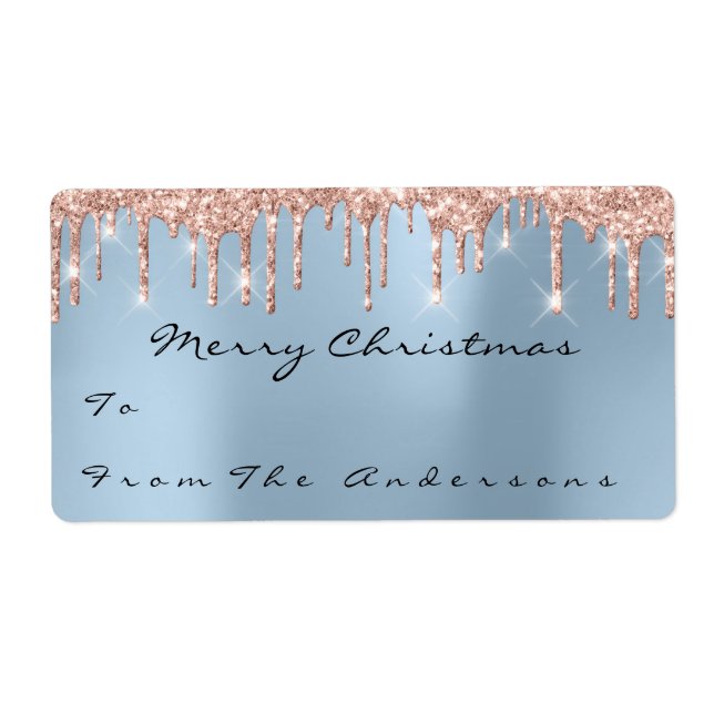 Glitter Blue Rose Gold Holidays Christmas Season Label (Front)