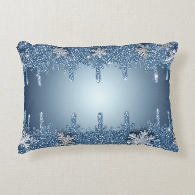 Glitter Blue Snowflake Frame With Icicles Accent Pillow (Front)