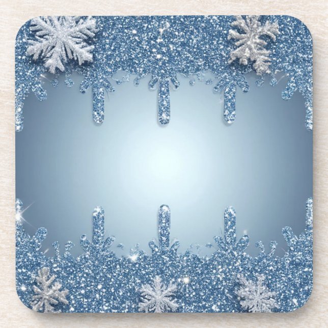 Glitter Blue Snowflake Frame With Icicles Beverage Coaster (Front)