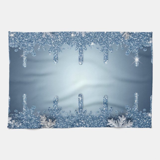 Glitter Blue Snowflake Frame With Icicles Kitchen Towel (Horizontal)