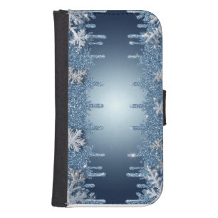 Glitter Blue Snowflake Frame With Icicles Galaxy S4 Wallet Case