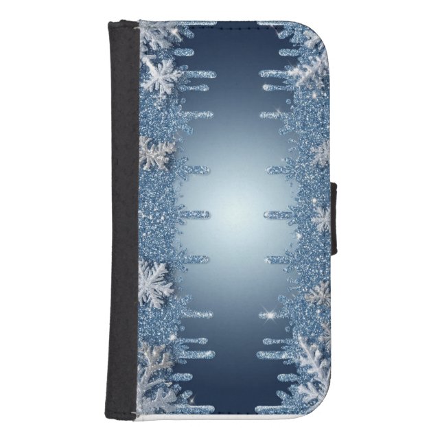 Glitter Blue Snowflake Frame With Icicles Samsung Galaxy Wallet Case (Front)