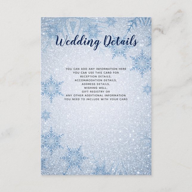 Glitter Blue Snowflake winter Wedding Details Card (Front)