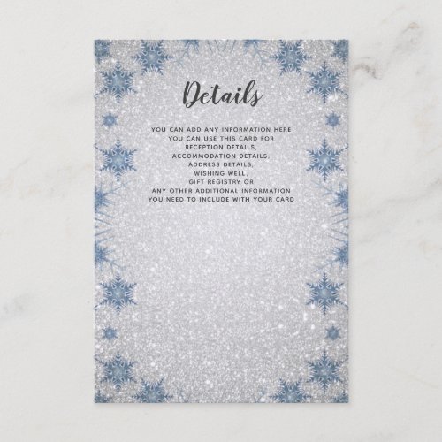 Glitter Blue Snowflake winter Wedding Details Card