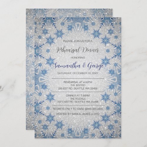 Glitter Blue Snowflakes Winter Rehearsal Dinner Invitation