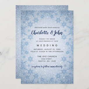 Glitter Blue Snowflakes winter wedding invitation
