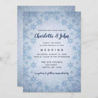 Glitter Blue Snowflakes winter wedding invitation