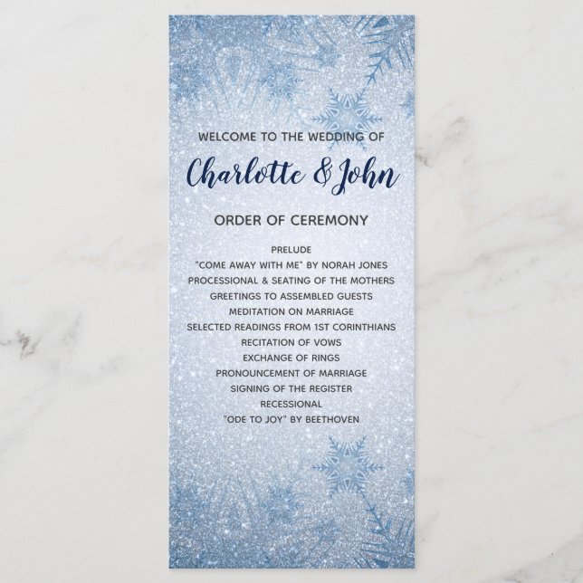 Glitter Blue Snowflakes winter wedding programs (Front)