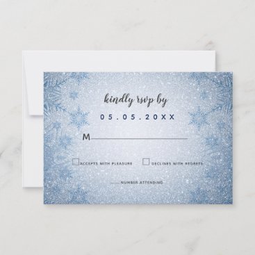 Glitter Blue Snowflakes winter wedding  RSVP Card
