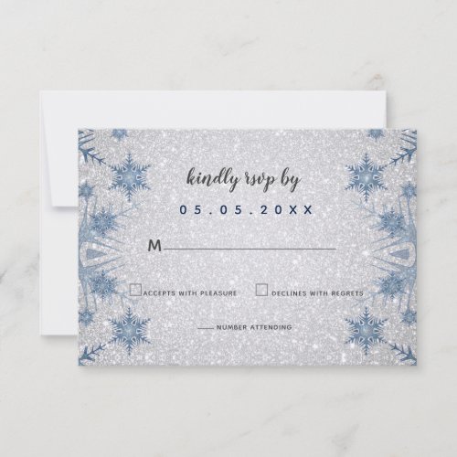 Glitter Blue Snowflakes winter wedding RSVP Card