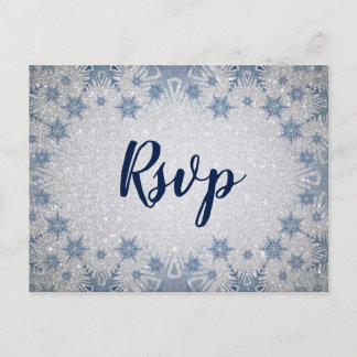Glitter Blue Snowflakes winter wedding rsvp Invitation Postcard