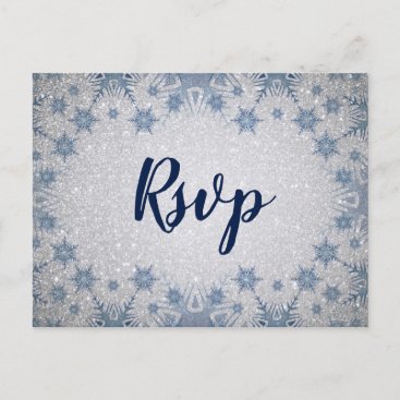 Glitter Blue Snowflakes winter wedding rsvp Invitation Postcard