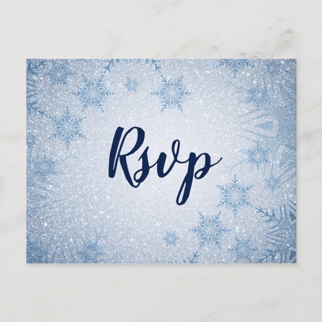 Glitter Blue Snowflakes winter wedding rsvp Invitation Postcard (Front)