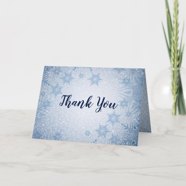 Glitter Blue Snowflakes winter wedding Thank You (Front)