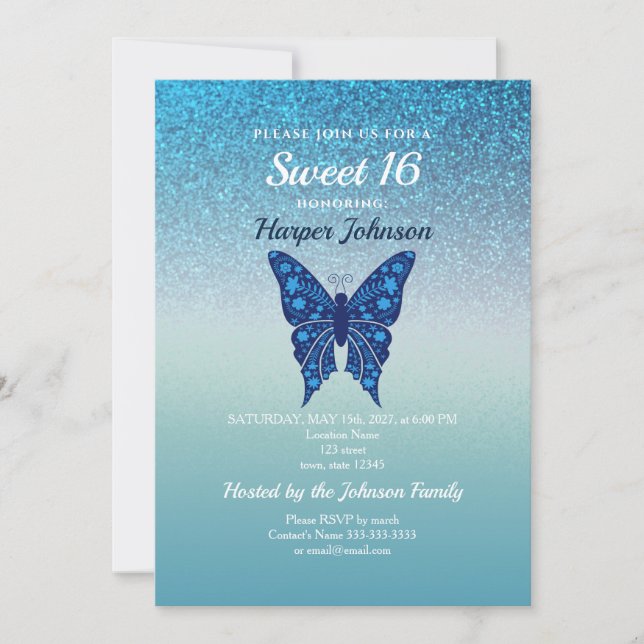 Glitter Blue Sweet 16 Birthday Invitation (Front)
