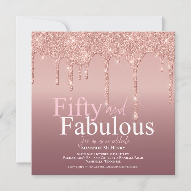 Glitter Blush Pink Fifty and Fabulous Birthday Invitation (Front)