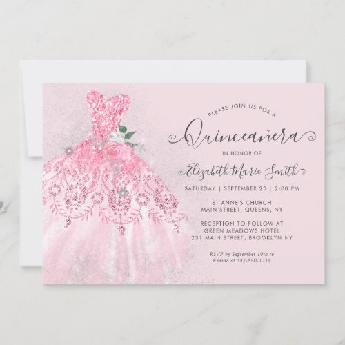 Glitter Blush Pink Floral Silver Dress Quinceanera Invitation