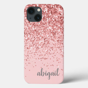 Glitter Blush Pink Girly Modern Monogram Name iPhone 13 Case