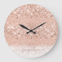 Glitter Blush Pink Rose Gold Monogram Large Clock