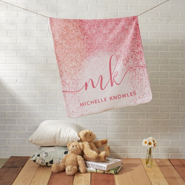 Glitter Blush Pink Rose Gold Monogrammed Script Baby Blanket (In Situ)