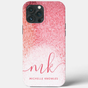 Glitter Blush Pink Rose Gold Monogrammed Script iPhone 13 Pro Max Case