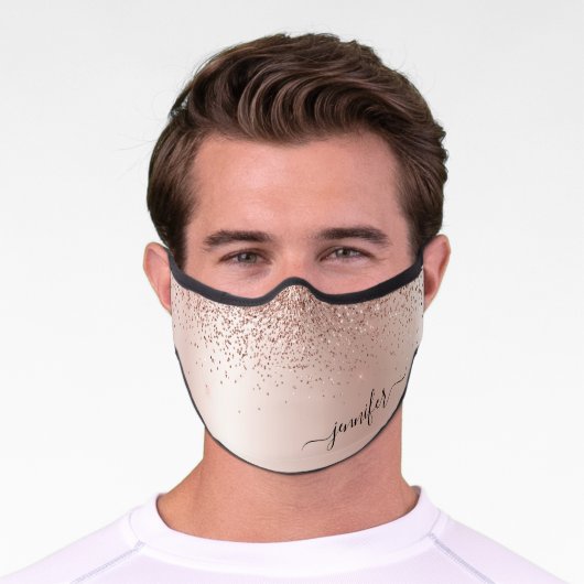 Glitter Blush Pink Rose Gold Monogrammed Script Premium Face Mask (Worn)