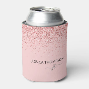 Glitter Blush Pink Simple Script Monogram Name Can Cooler