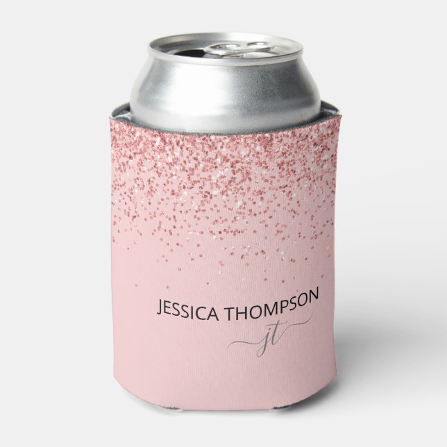 Glitter Blush Pink Simple Script Monogram Name  Can Cooler (Can Front)