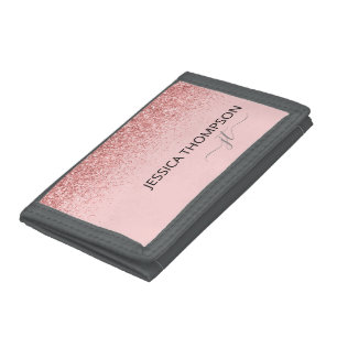Glitter Blush Pink Simple Script Monogram Name  Trifold Wallet