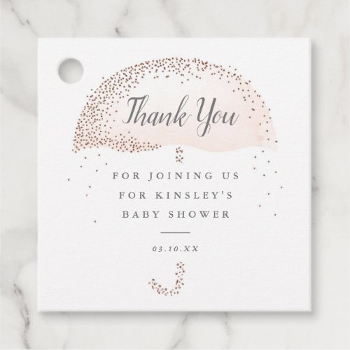 Glitter blush pink umbrella baby shower thank you favor tags