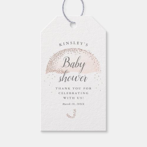 Glitter blush pink umbrella baby shower thank you gift tags