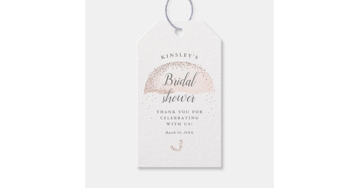 Glitter blush umbrella bridal shower thank you gift tags | Zazzle