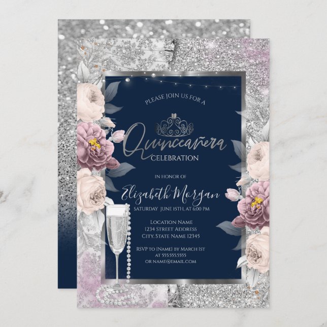 Glitter,Boho Flowers,Glass Pearls Blue Quinceanera Invitation (Front/Back)