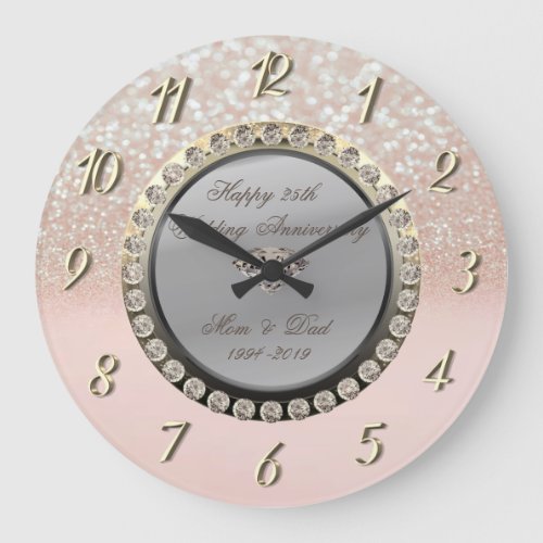 Glitter Bokeh Diamonds 25th Wedding Anniversary Large Clock