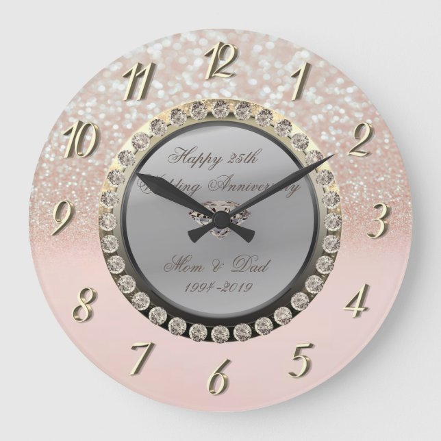 Glitter Bokeh Diamonds 25th Wedding Anniversary Large Clock (Front)