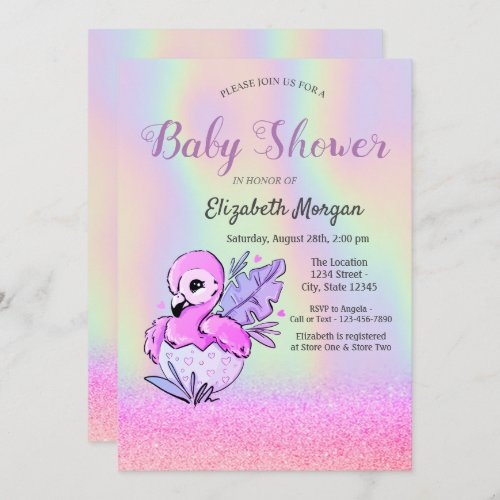 Glitter Bokeh Flamingo Holographic Baby Shower I Invitation