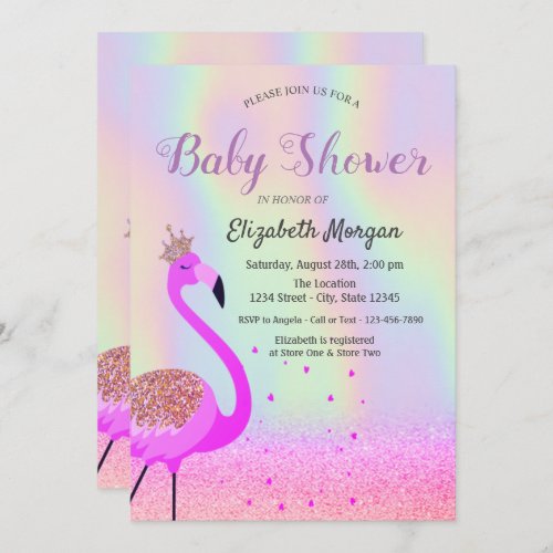 Glitter Bokeh Flamingo Holographic Baby Shower Invitation