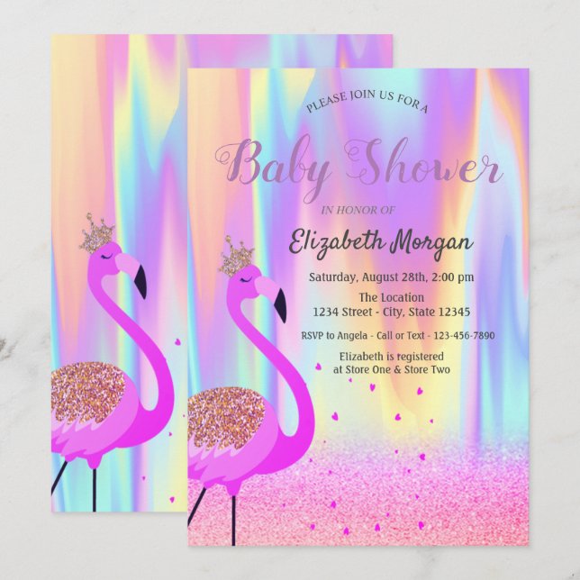 Glitter Bokeh, Flamingo, Ombre Holographic Invitation (Front/Back)