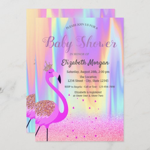 Glitter Bokeh Flamingo Ombre Holographic Invitation