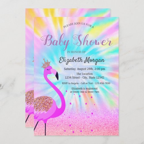 Glitter Bokeh Flamingo Ombre Tie Dye Invitation