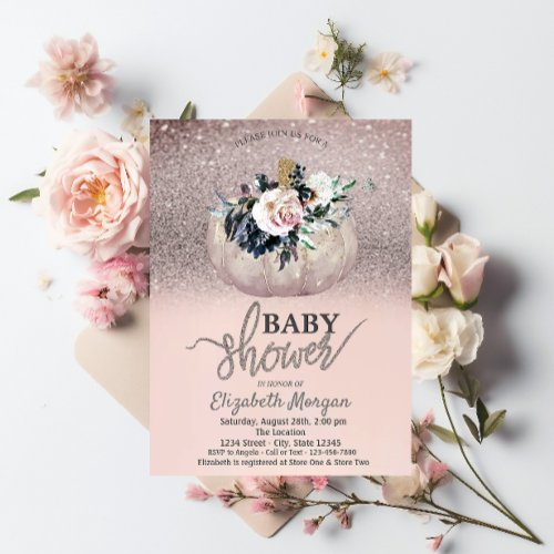 Glitter BokehFloral Pumpkin Baby Shower  Invitation