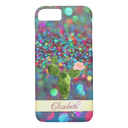 Glitter Bokeh Gold Confetti Cactus_ Personalized iPhone 87 Case