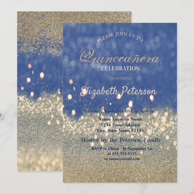 Glitter Bokeh Gold Diamonds Quinceañera Invitation (Front/Back)