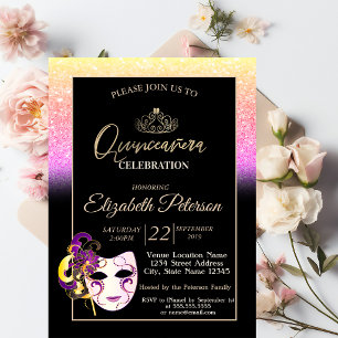 Glitter Bokeh, Tiara, Masquerade Quinceañera Invitation