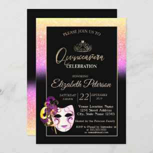 Glitter Bokeh, Tiara, Masquerade  Quinceañera Invitation