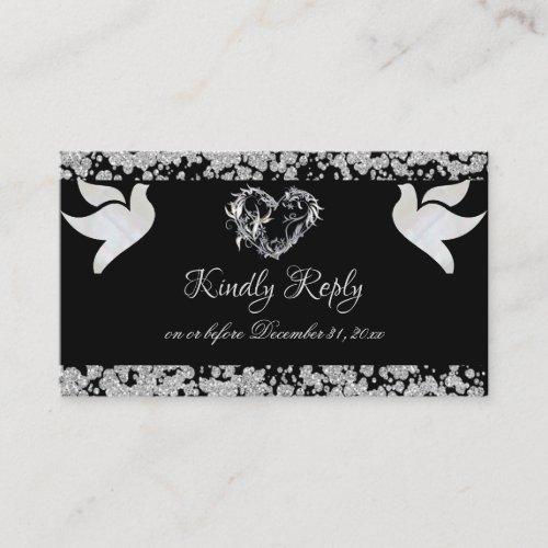 Glitter Border Doves  Silver Heart on Black Enclosure Card