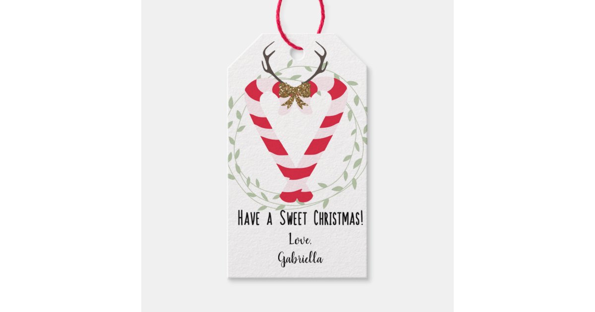 Glitter Bow Antlers Candy Cane Heart Christmas Gift Tags Zazzle Com