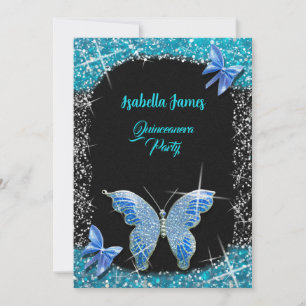 glitter bow black blue turquoise Butterfly elegant Invitation