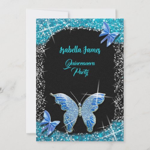 glitter bow black blue turquoise Butterfly elegant Invitation